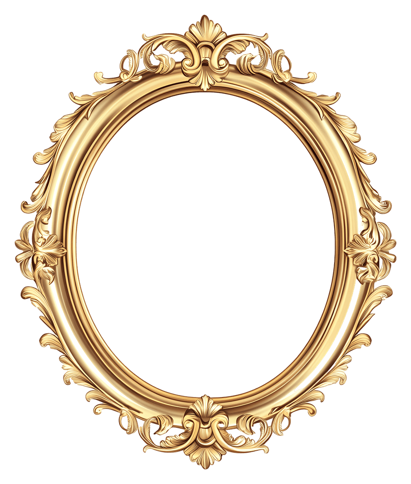 Ornate gold oval frame with intricate scrollwork and filigree patterns against a transparent background.
