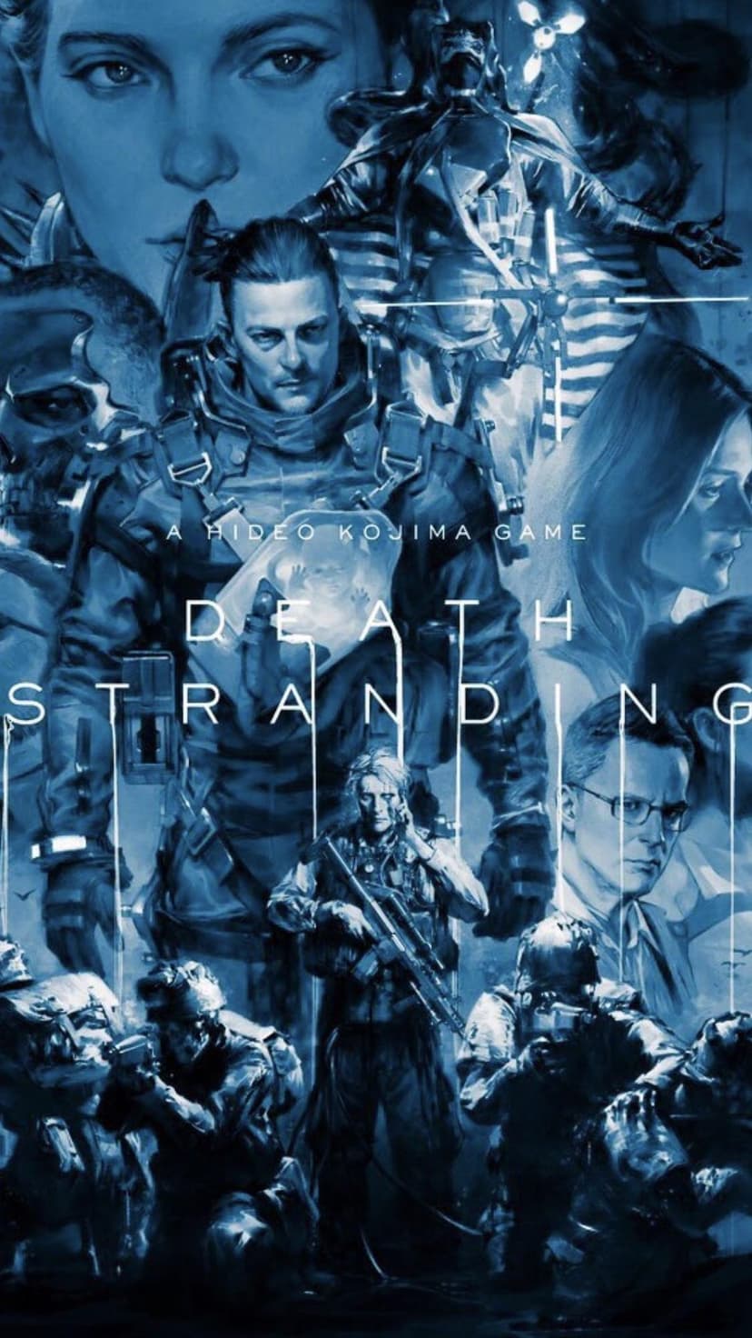 Monochrome blue artistic collage of Death Stranding characters with Sam Bridges in tactical gear and BB pod.