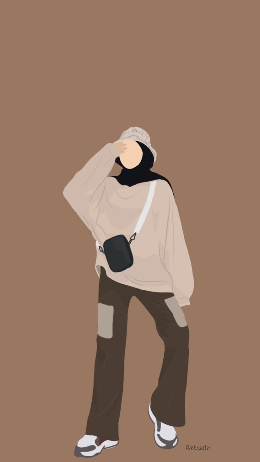 Woman in a hijab, beige sweater, and brown pants wears a bucket hat and crossbody bag in a minimalist style.