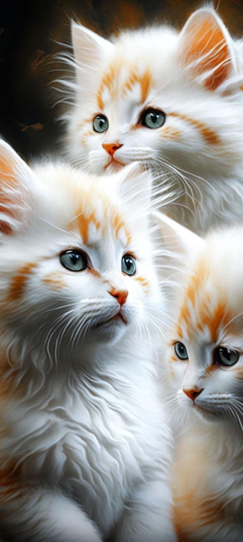 Three white and ginger kittens huddle together with large blue eyes and soft fur in a warm painterly style.