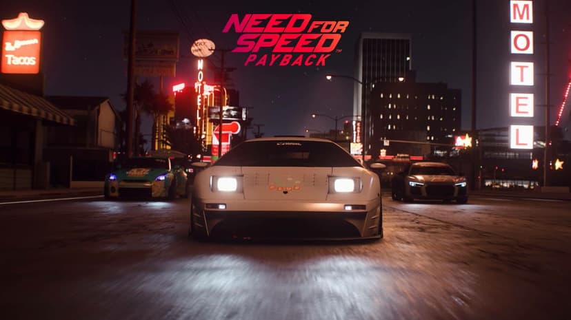 White Lamborghini Diablo racing under neon motel signs at night with motion blur on a glowing city street.