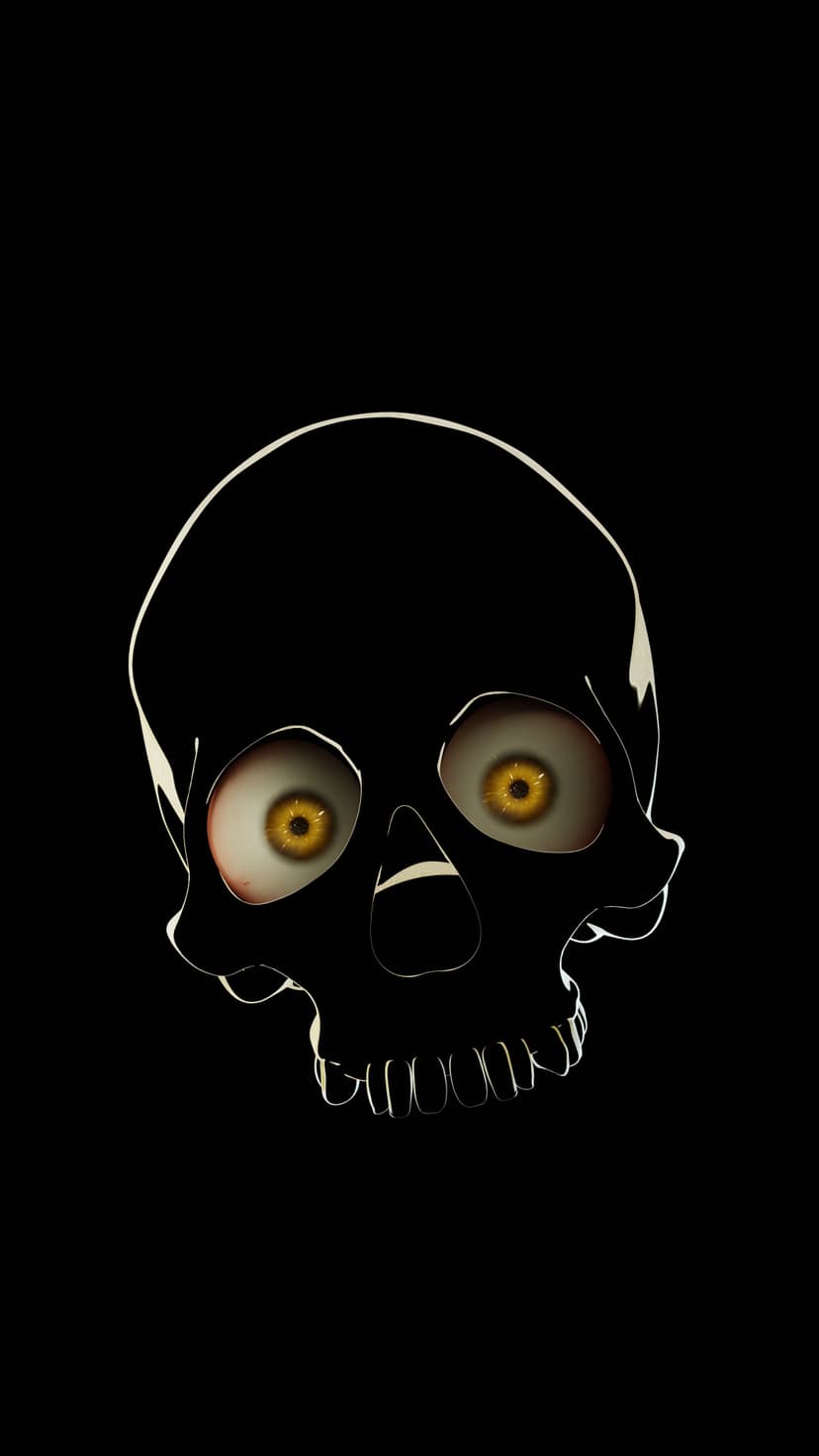 Human skull with luminous yellow eyes and a faint white outline centered against a solid black void background.