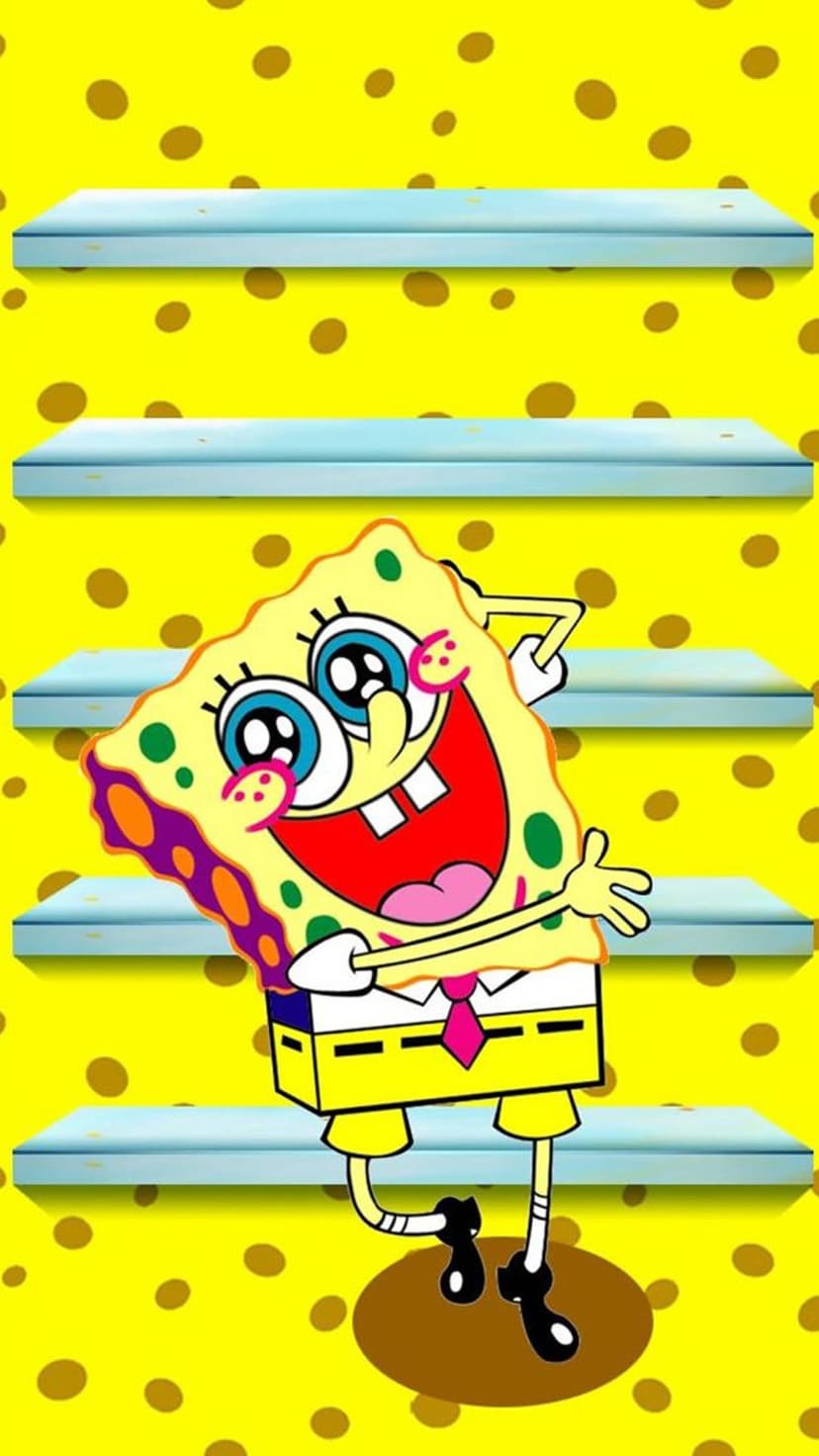 Spongebob Squarepants stands smiling on light blue shelves against a bright yellow bubbly textured background.