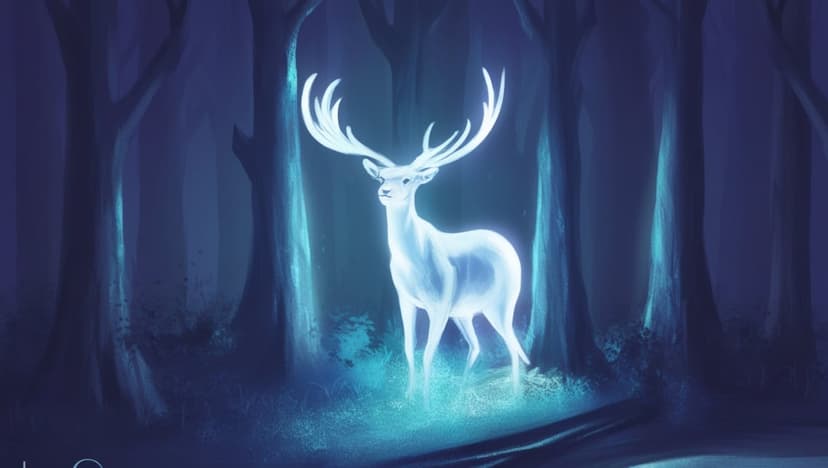Glowing white stag with large antlers stands in a dark mystical forest surrounded by blue atmospheric light.