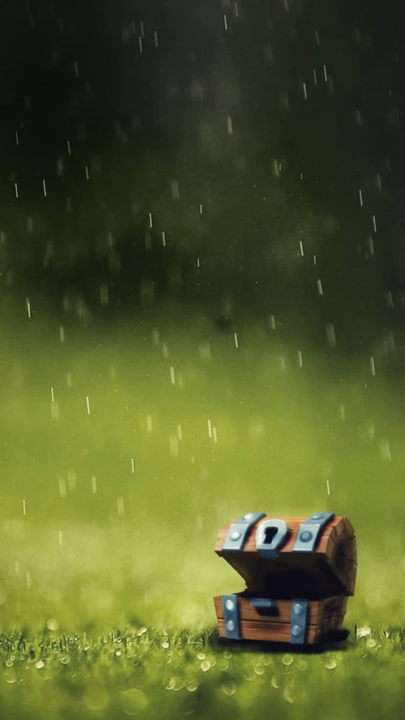 Open wooden treasure chest sits on wet green grass during a heavy rainstorm with a dark blurred background.