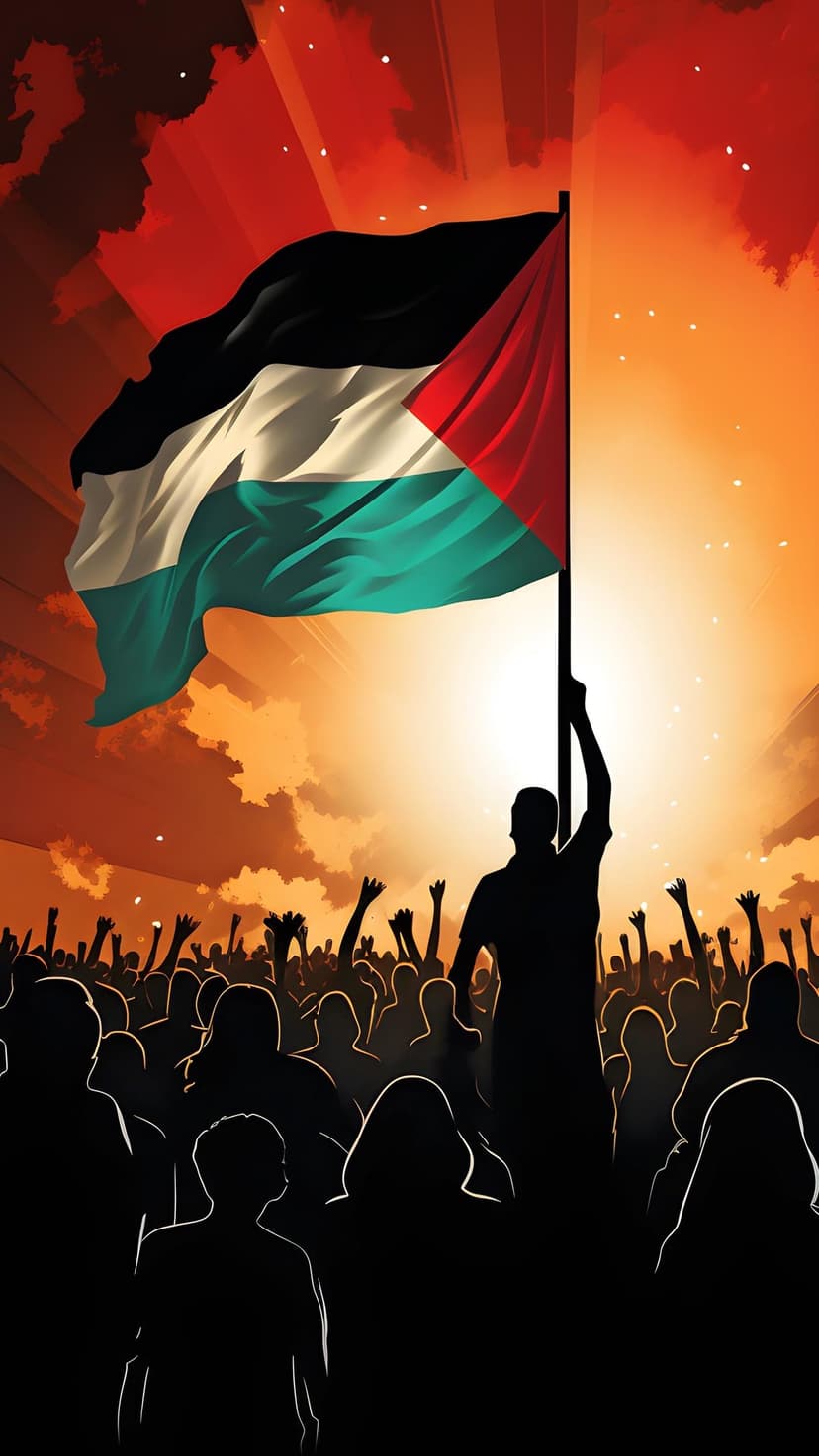 Palestine flag held high by a silhouetted person against a glowing orange sunset and a cheering crowd below.