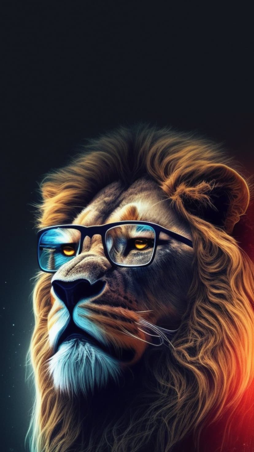 Lion wearing glasses with glowing amber eyes and a thick mane set against a dark, neon-accented backdrop.