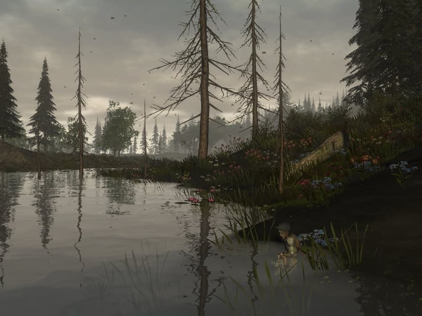 A lone character sits by a still pond in a misty marsh with tall dead trees and scattered wildflowers.