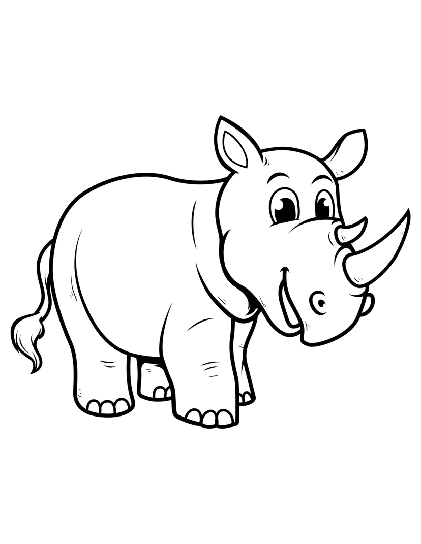 Rhinoceros line art illustration featuring a side profile view with bold black outlines and white interior space.