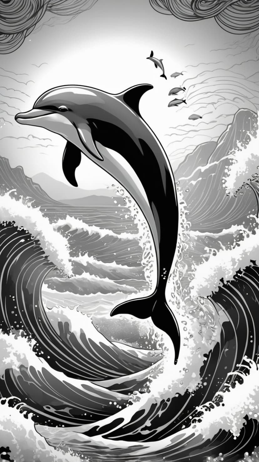 A dolphin leaps from a massive breaking wave surrounded by small fish and stylized clouds in monochrome.