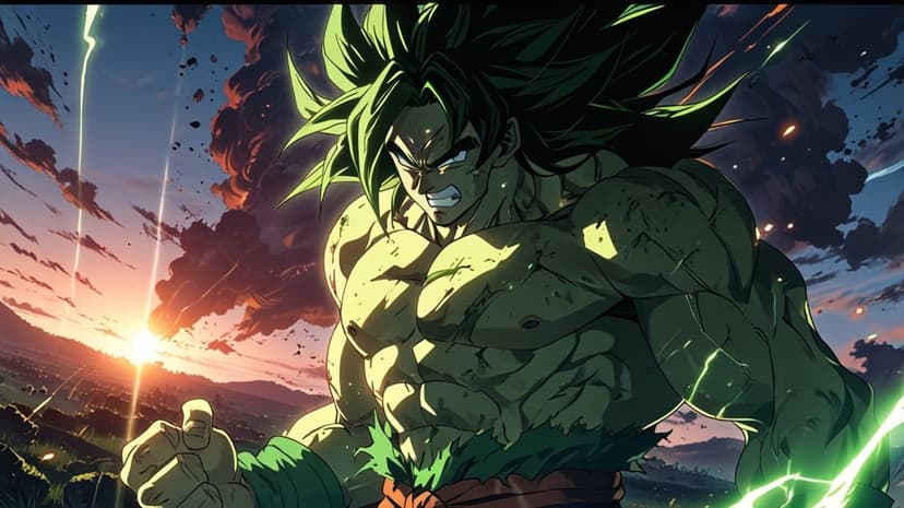 Broly flexes with a green aura under a burning orange sunset, showcasing his massive muscles and angry expression.
