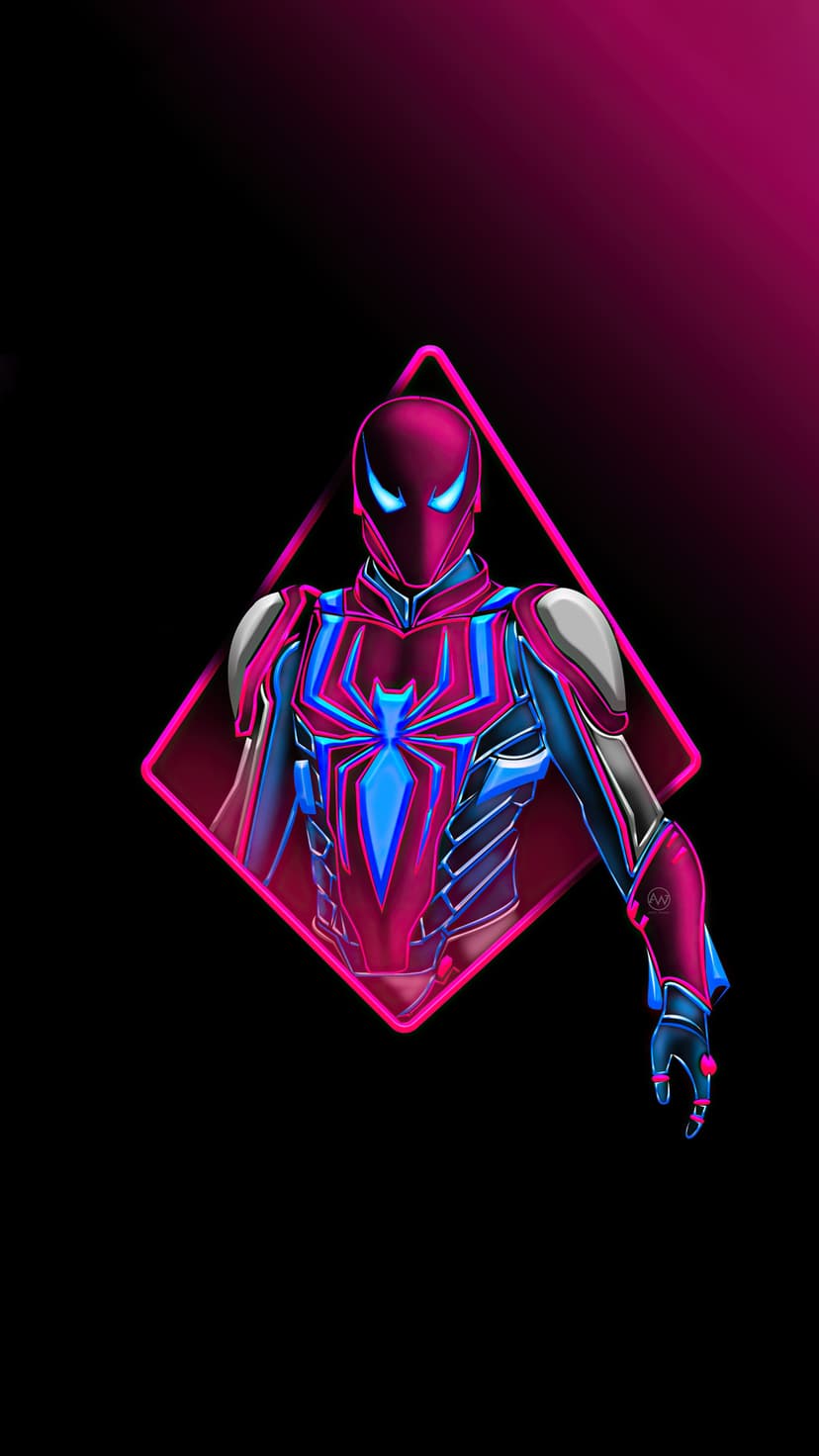 Spider-Man in a neon suit with glowing blue eyes and a pink diamond frame set against a dark black background.