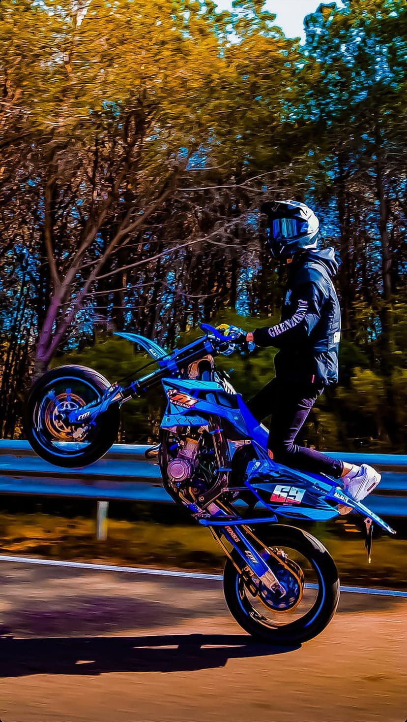 Motorcyclist in racing gear performs a wheelie on a blue dirt bike against a blurred forest background.