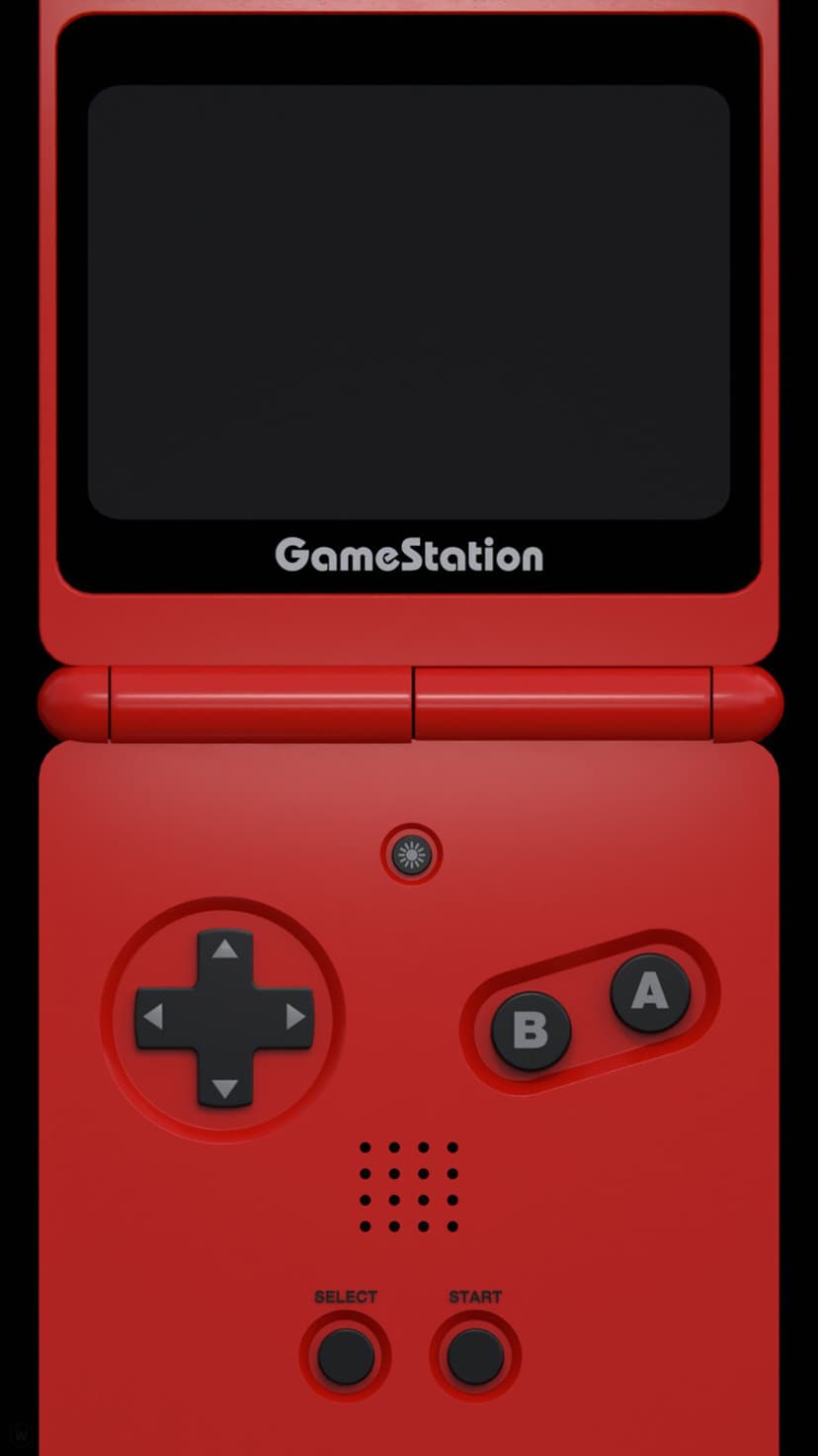 Red handheld gaming console with a black screen, directional pad, and round buttons in a vertical orientation.