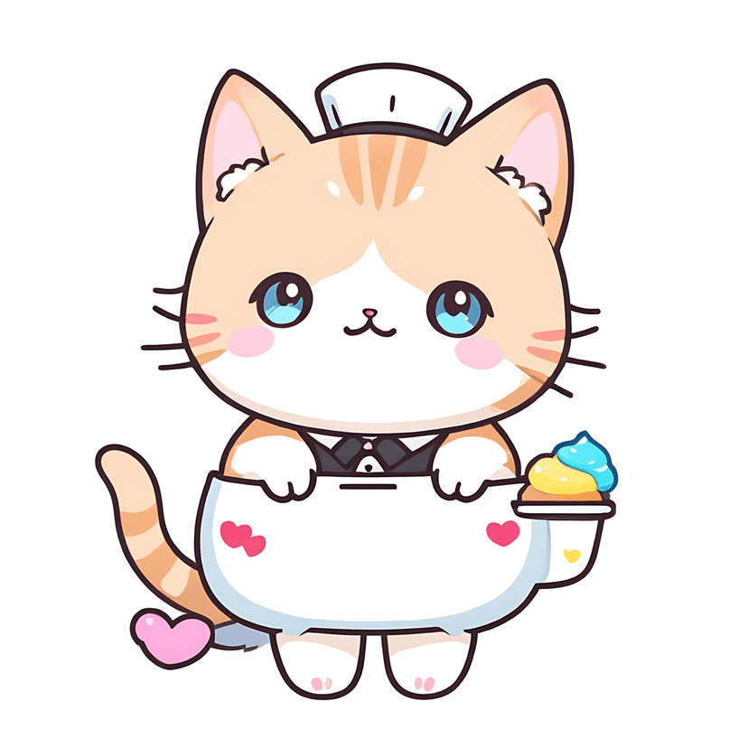 Orange white kitten sticker wearing a white chef hat and bowtie while holding a heart sign and a blue cupcake.