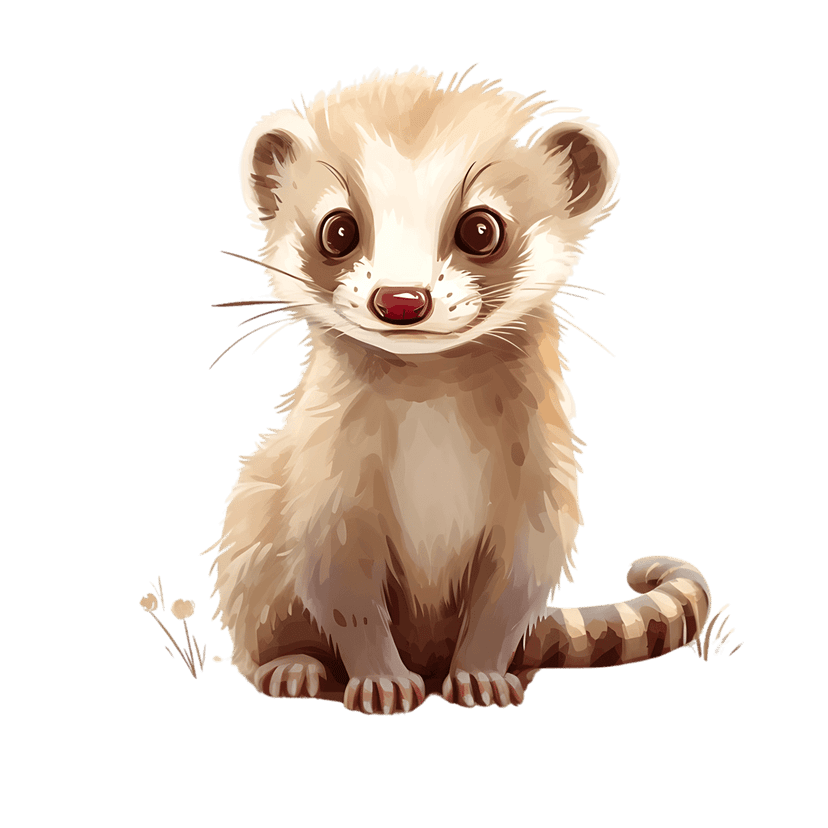 Ferret animal cartoon character with striped tail sitting in green grass with small flowers on white background.