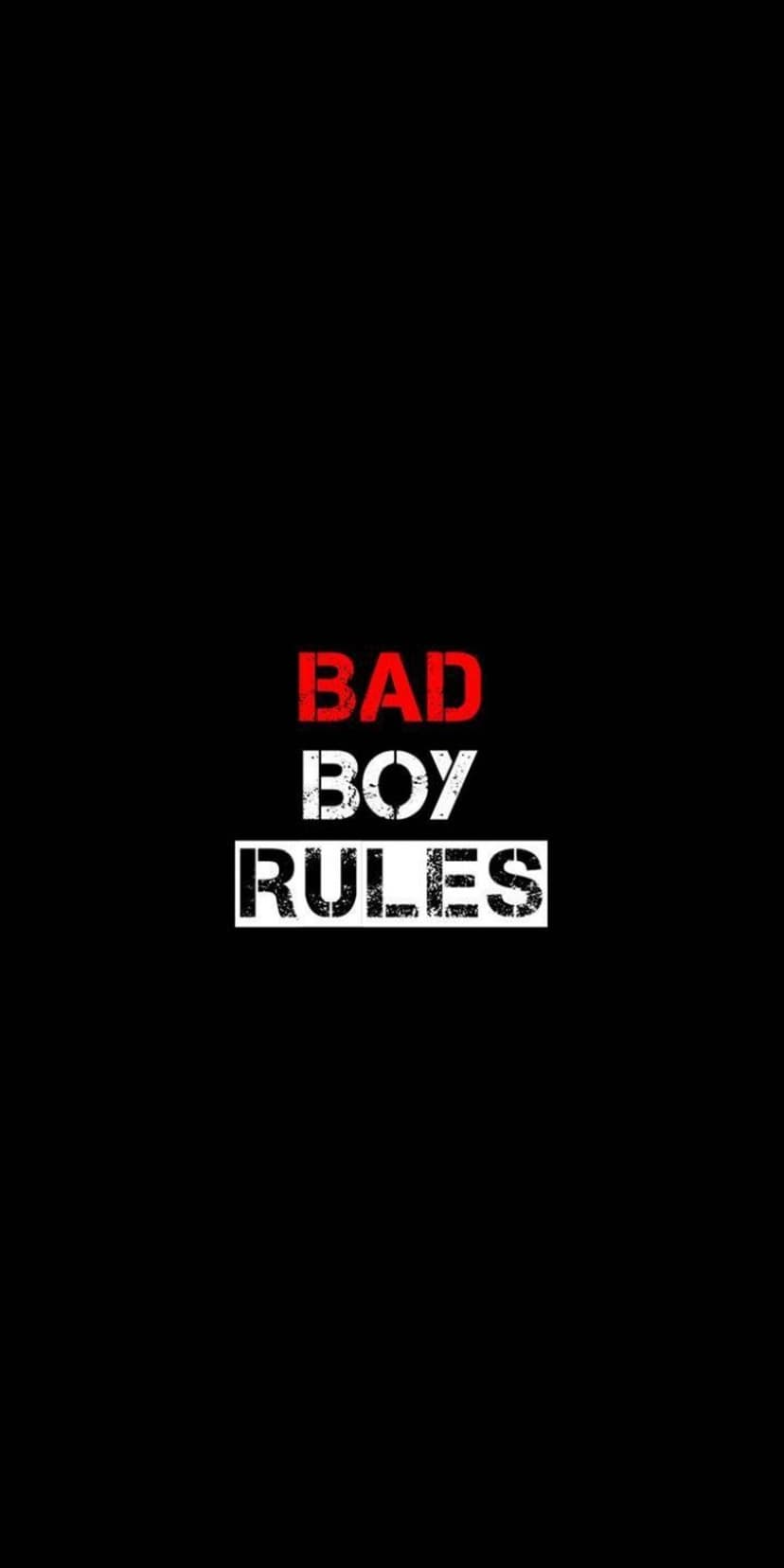 Red distressed Bad Boy text above a white rectangular block containing the word Rules on a black background.