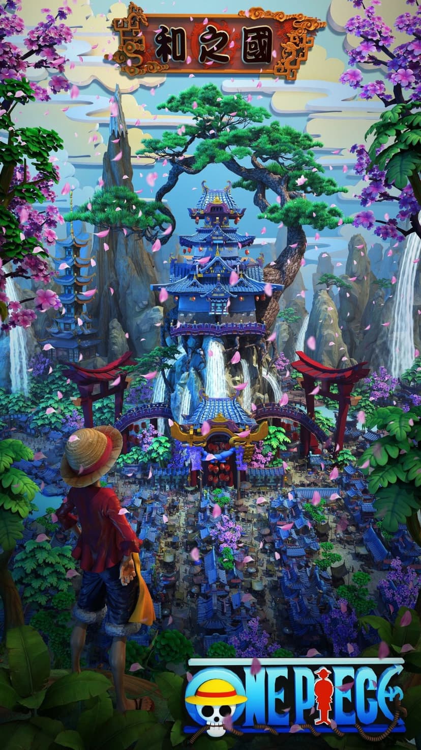 Monkey D. Luffy standing before a blue pagoda and cascading waterfalls under falling cherry blossom petals.