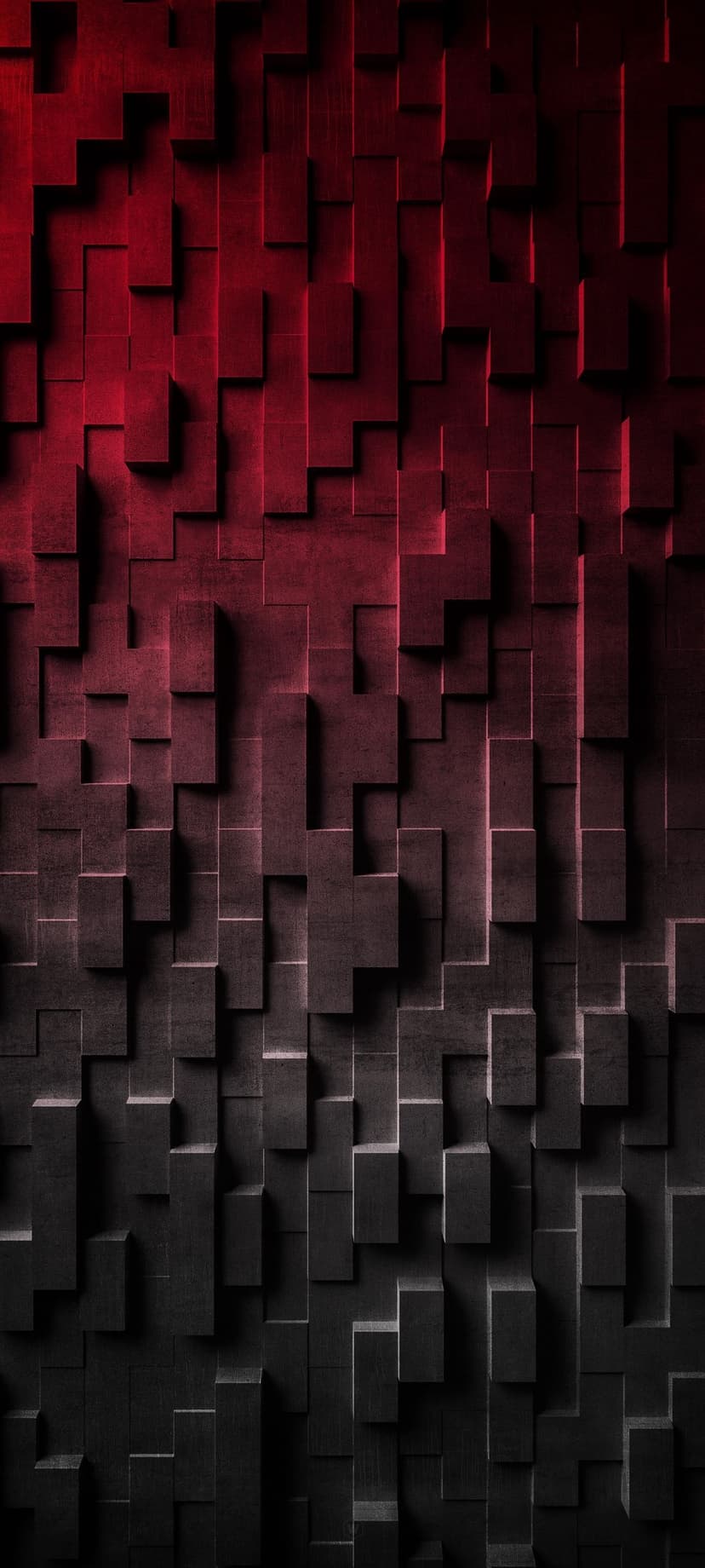 Stacked 3D cubes with a red to black gradient and matte textures create a depth-focused geometric pattern.