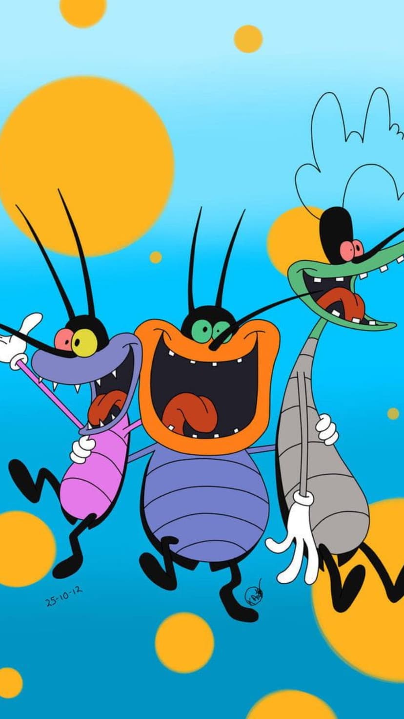 Oggy the blue cat cheers with cockroaches Joey and Dee Dee against a bright blue sky with orange circles.