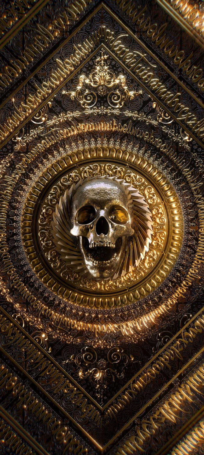 Golden metallic skull centered within an intricate baroque medallion featuring swirling filigree on a black background.