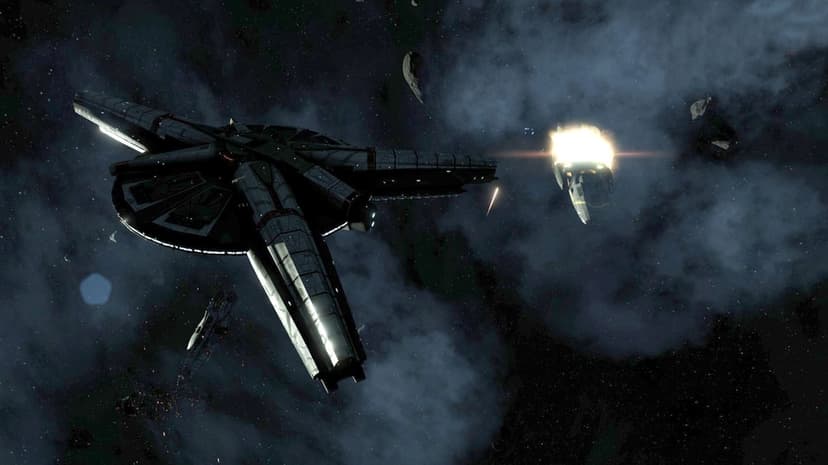 Large grey starship with red accents flying near a bright explosion and asteroids in deep space.