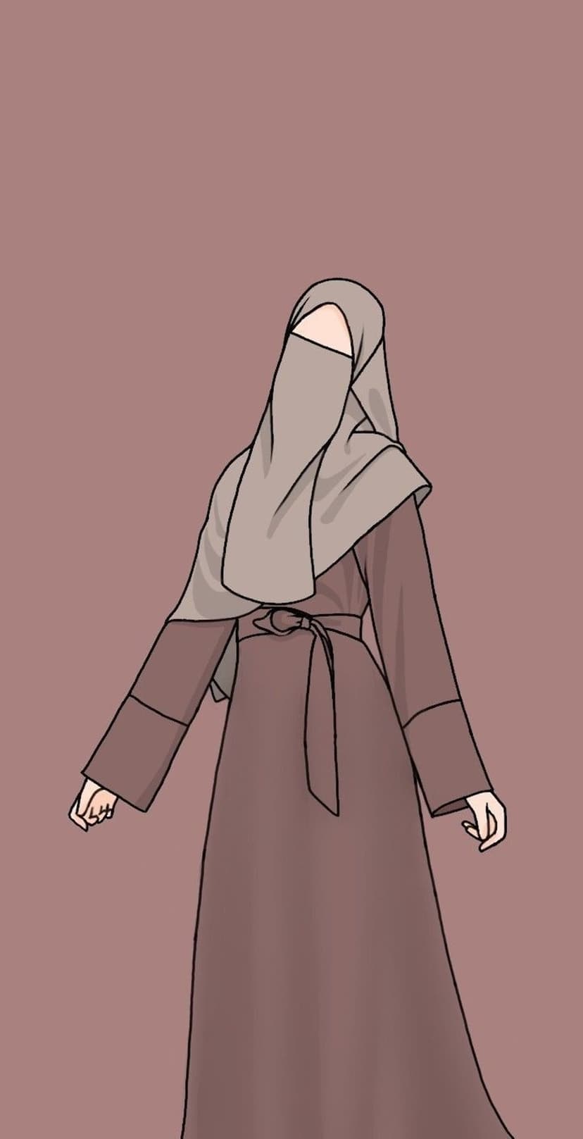 Woman in a flowing hijab and long abaya stands gracefully against a minimalist, serene muted background.