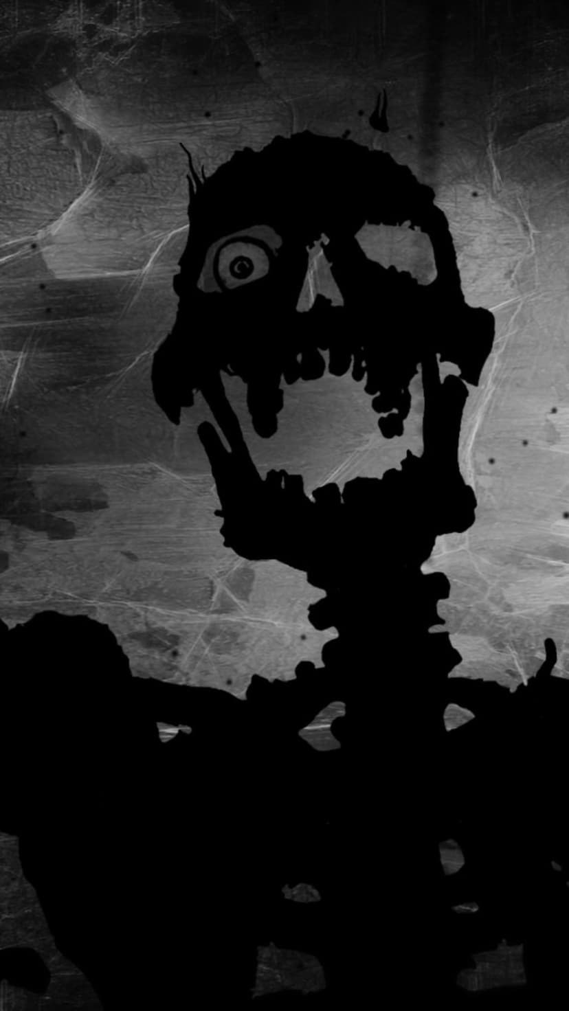 Grotesque skeleton silhouette with a gaping mouth and large eye against a textured black and white backdrop.