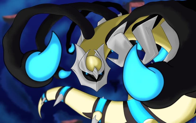 Shiny Origin Forme Giratina with glowing blue spikes and shadowy wings against a dark blue background.