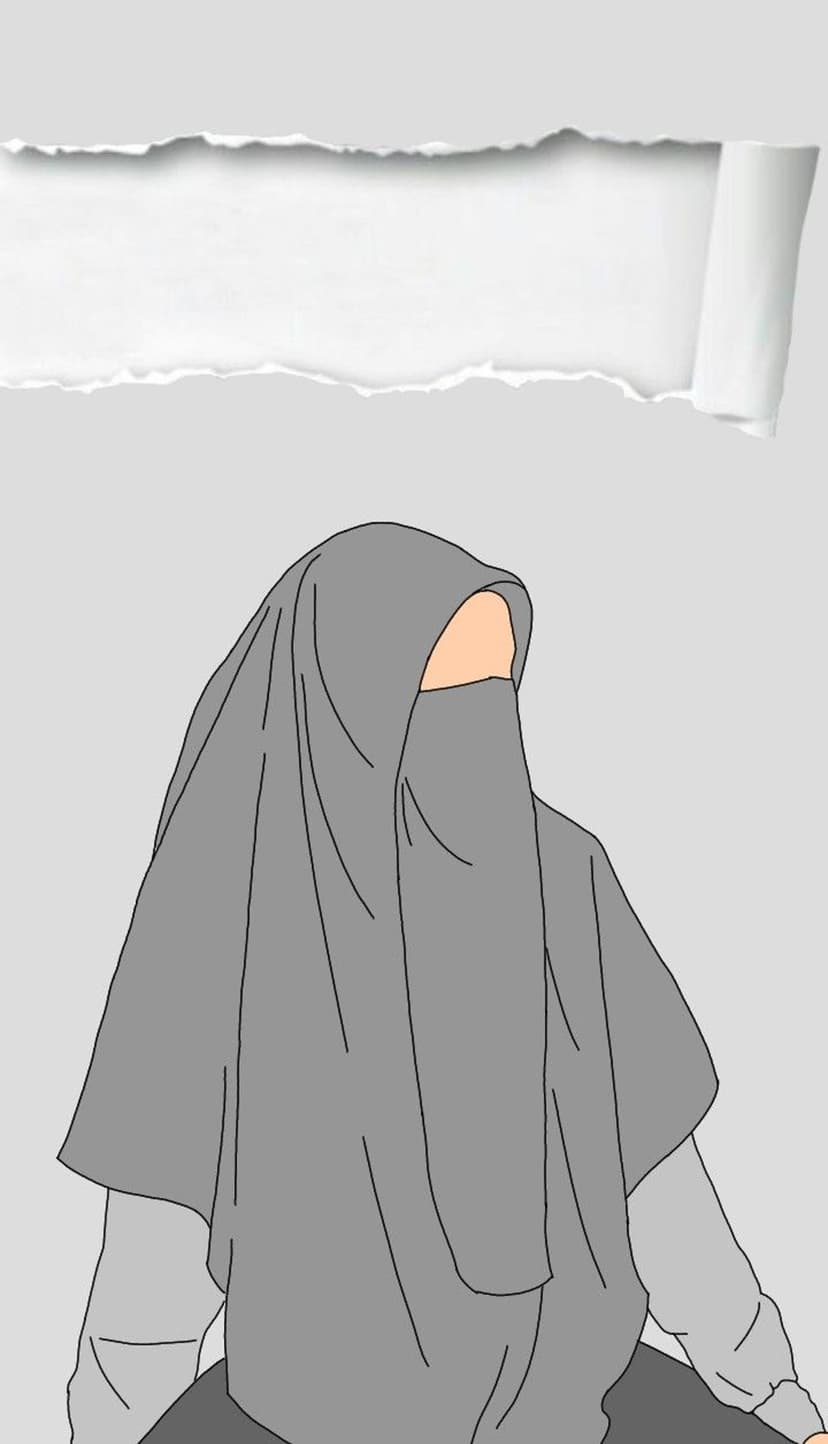 Woman in a grey hijab and niqab set against a minimalist background with a textured torn paper edge.