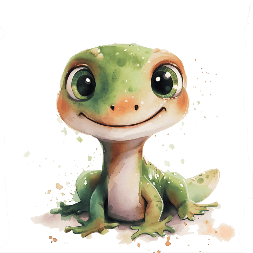 Gecko watercolor portrait with large green eyes and textured paint splatters on a black background.