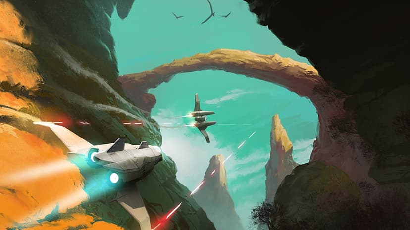 Two spaceships fly through a rocky alien gorge with orange cliffs and a massive stone arch against a teal sky.