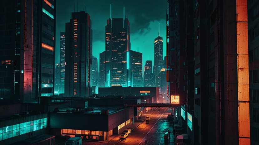 Towering skyscrapers with neon signs overlook wet streets in a futuristic city at night under a purple sky.