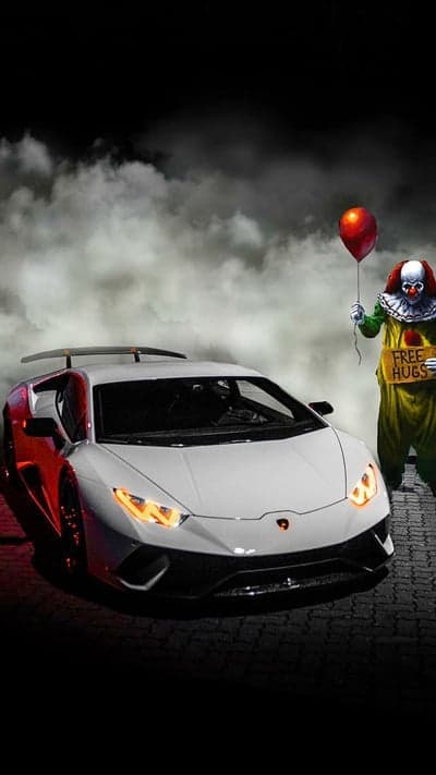 Sinister Clown and White Lamborghini Phone Wallpaper