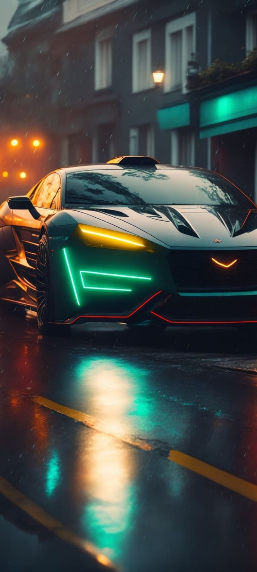 Yellow neon supercar racing on a rainy asphalt road at night with vibrant reflections of city lights and raindrops.