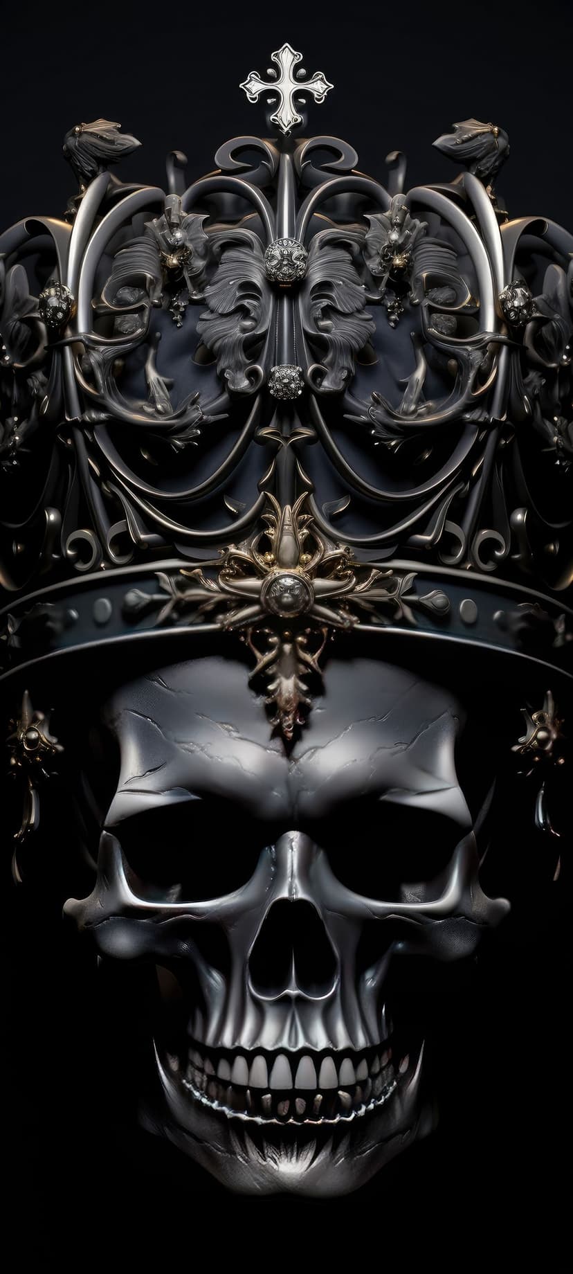 Metallic skull wearing an ornate gothic crown with filigree and crosses against a solid black background.