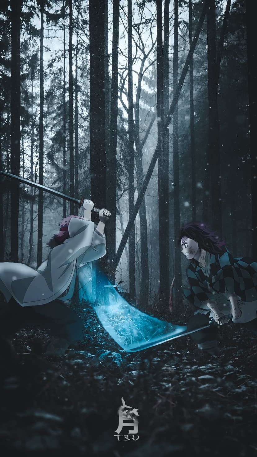 Two anime warriors clash swords in a dark snowy forest while a blue energy blade glows amidst falling snow.