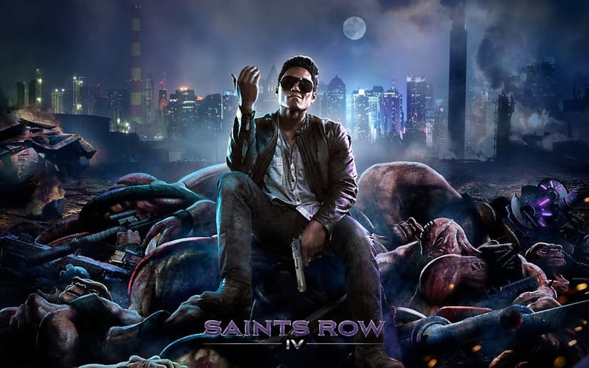Character in sunglasses and leather jacket sits on a pile of alien bodies before a glowing night city skyline.