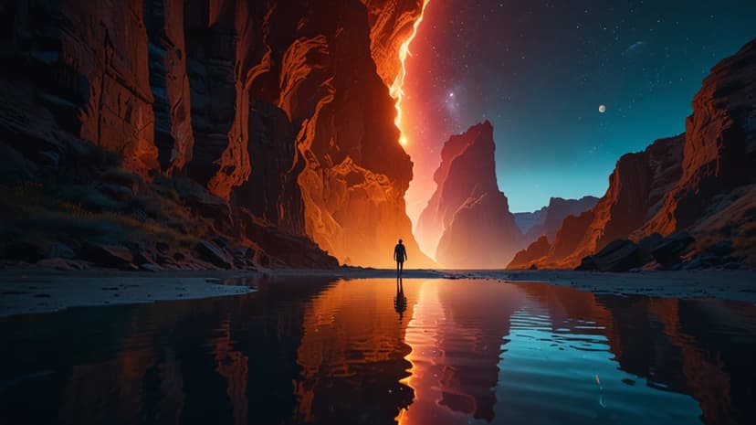 Dark silhouette stands by a lake reflecting towering orange rock walls and a turquoise sky filled with stars.