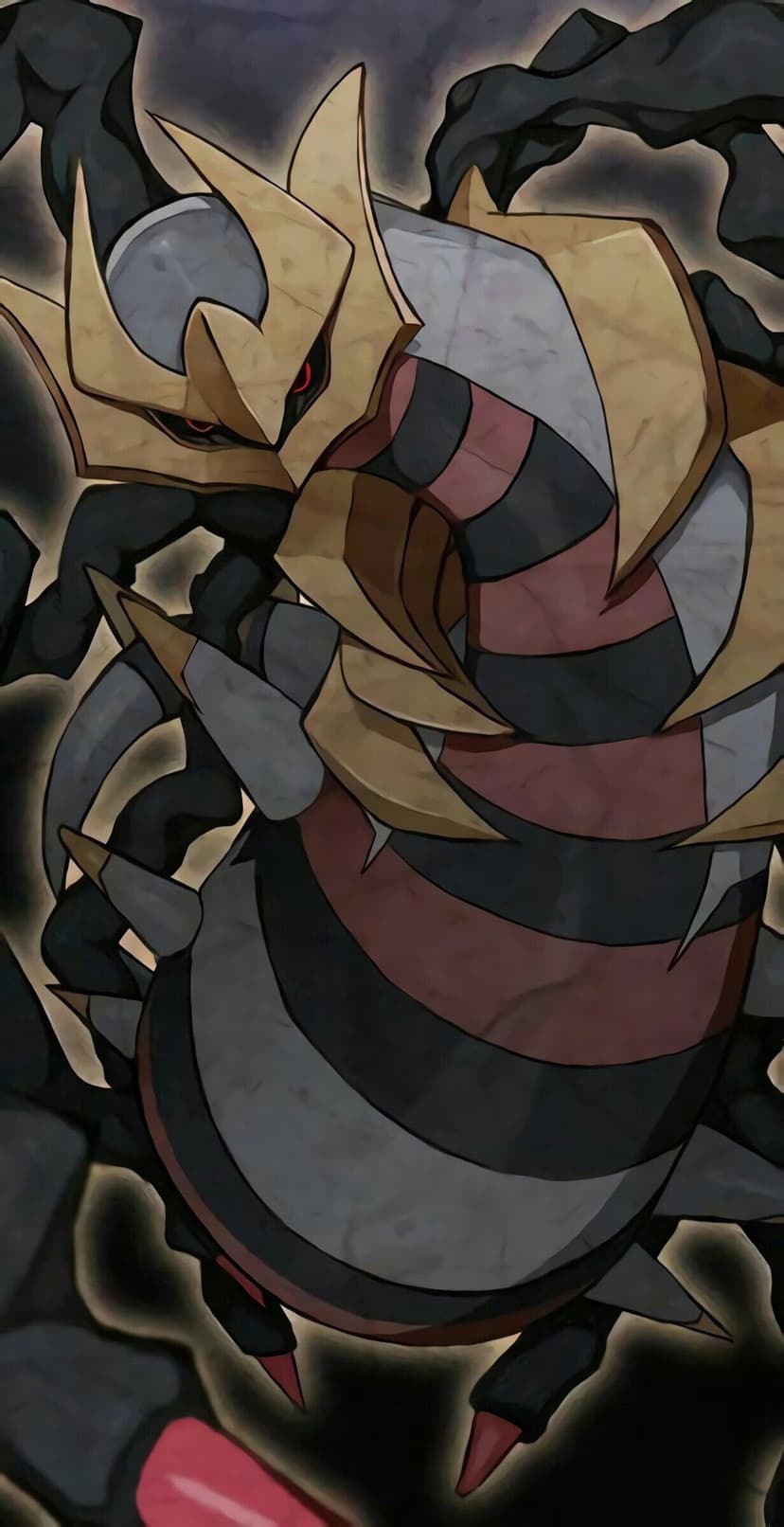 Close-up of Giratina Origin Forme with glowing red eyes, black and red stripes, and gold armor plates.
