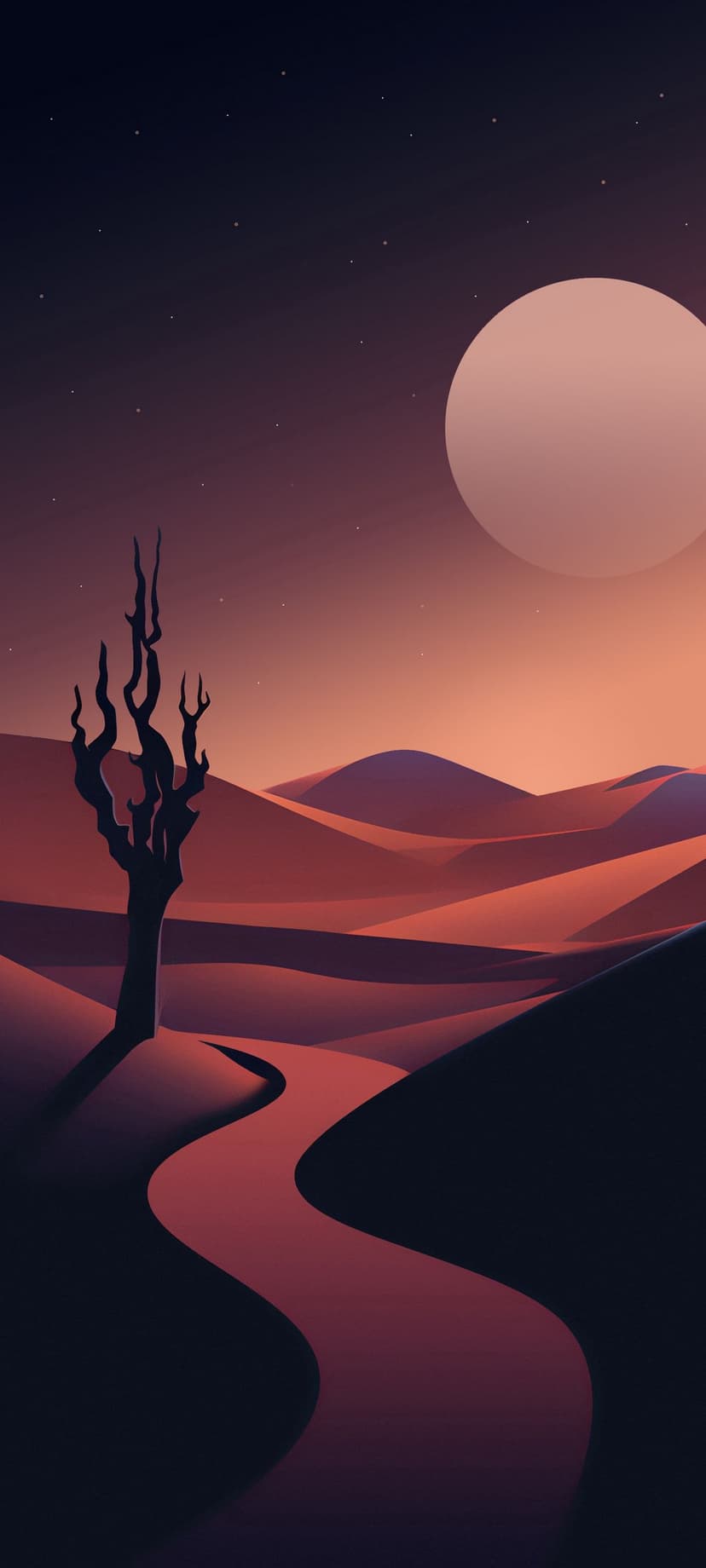 Sinuous desert dunes and a silhouetted dead tree rest under a massive pale moon during a purple and orange dusk.