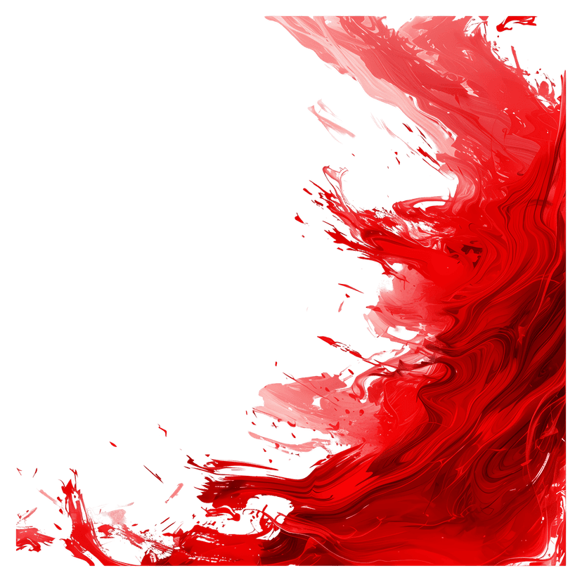 Red paint splash features organic liquid droplets and a flat matte texture across a transparent background.