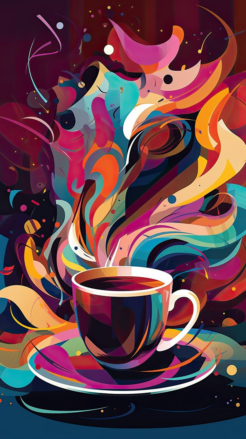 Ceramic coffee cup with vibrant magenta and teal steam swirls rising against a dark, textured background.