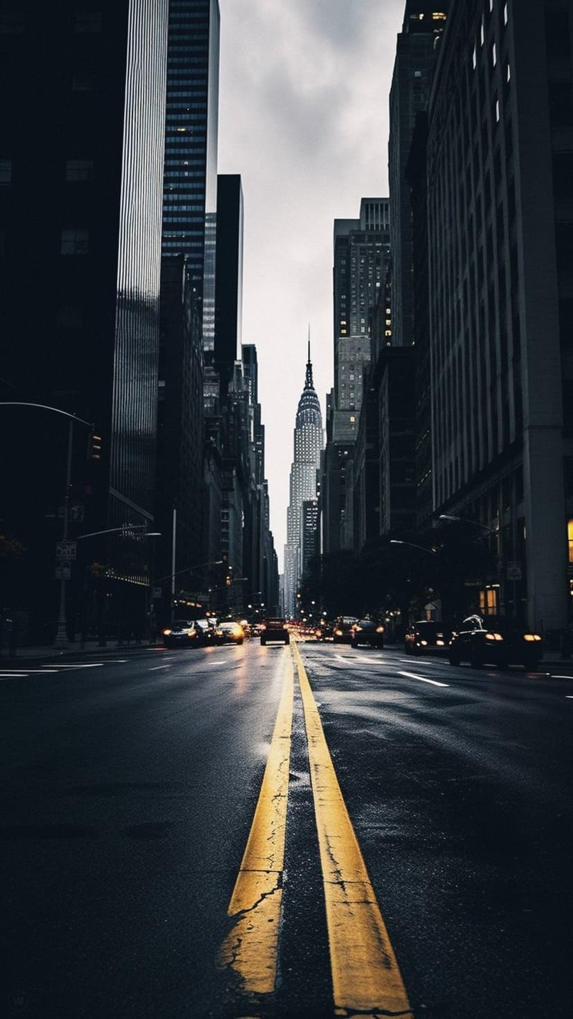 Chrysler Building rises above a damp NYC street with yellow lane markings reflecting city lights at dusk.