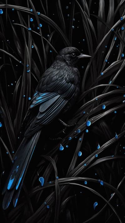 Iridescent Dark Avian and Blue Dew Drops Phone Wallpaper