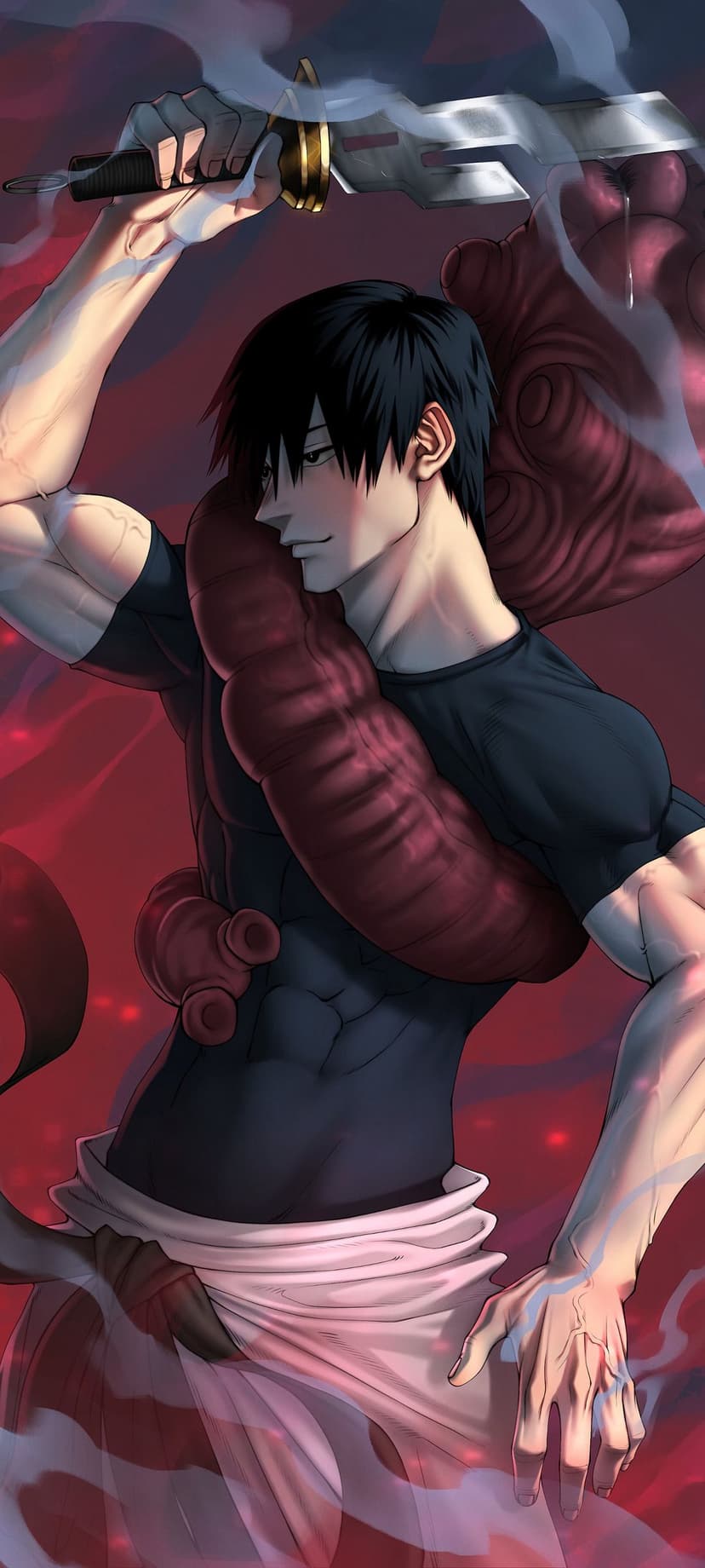 Toji Fushiguro with a muscular build holds a weapon against a red backdrop with smoky and ethereal effects.