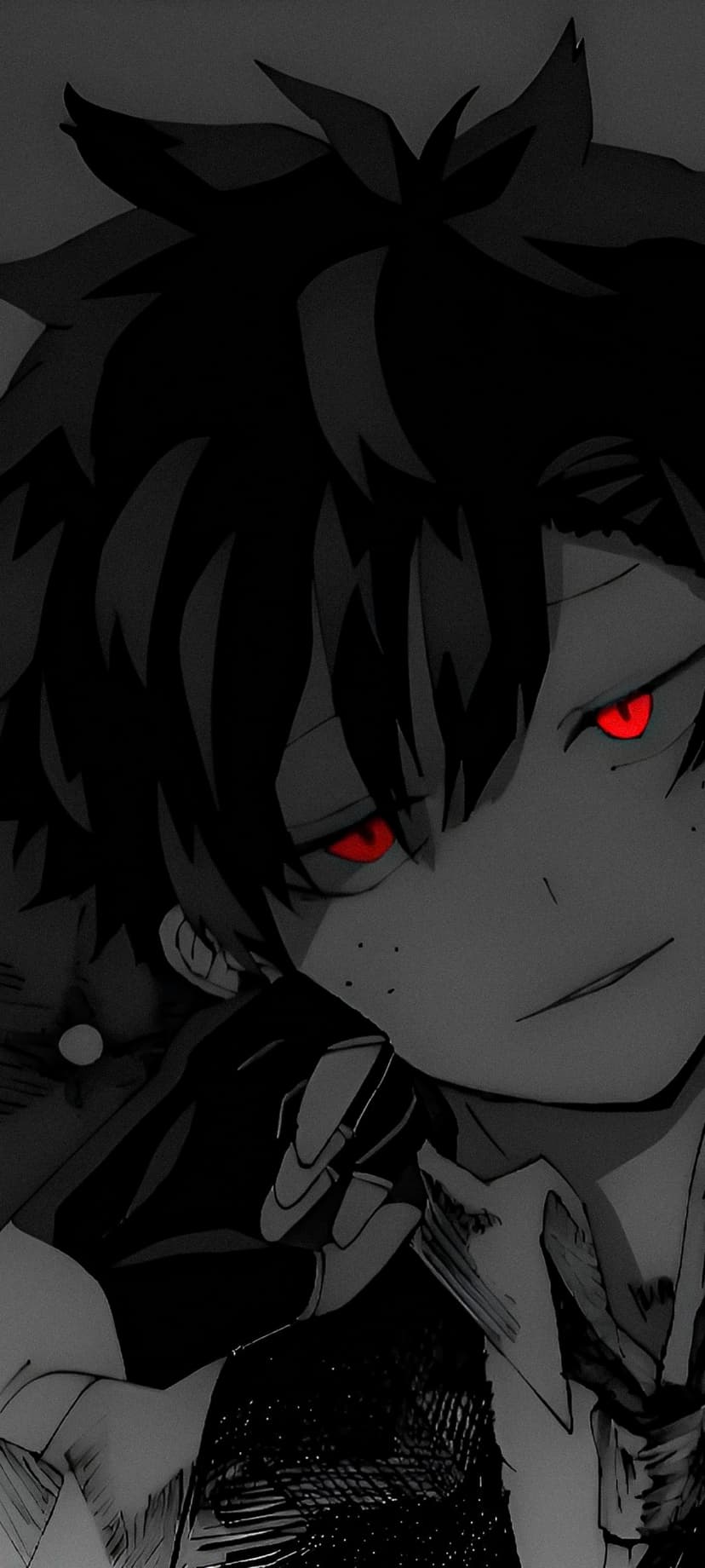 Male anime character with messy black hair, facial freckles, and glowing red eyes staring from a dark background.