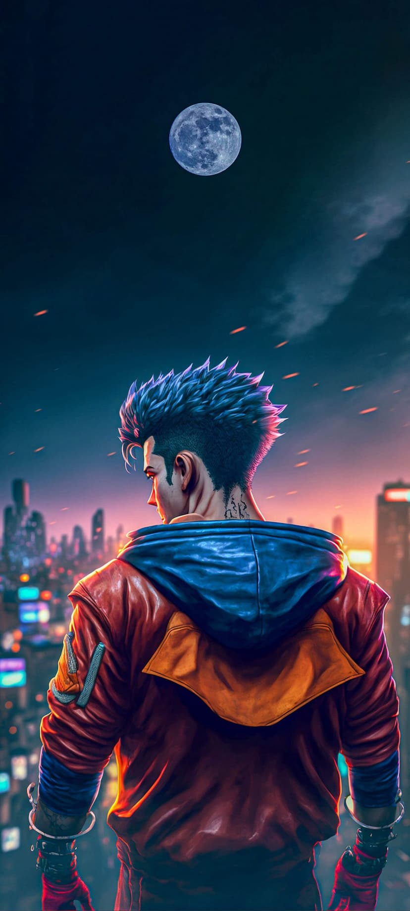 Spiky blue-haired man in a red jacket gazes at a glowing neon futuristic city under a large bright full moon.