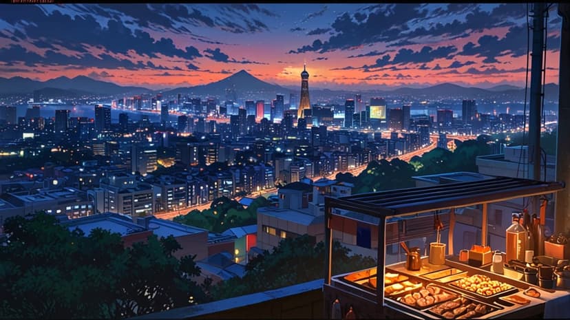 Grilled meat skewers on a street vendor stall overlook a glowing city skyline and distant mountain peaks.