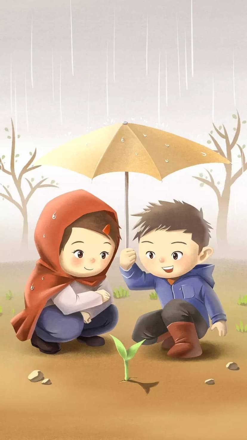 Boy and girl hold a yellow umbrella over a green sprout in the rain within a soft, pastel natural environment.